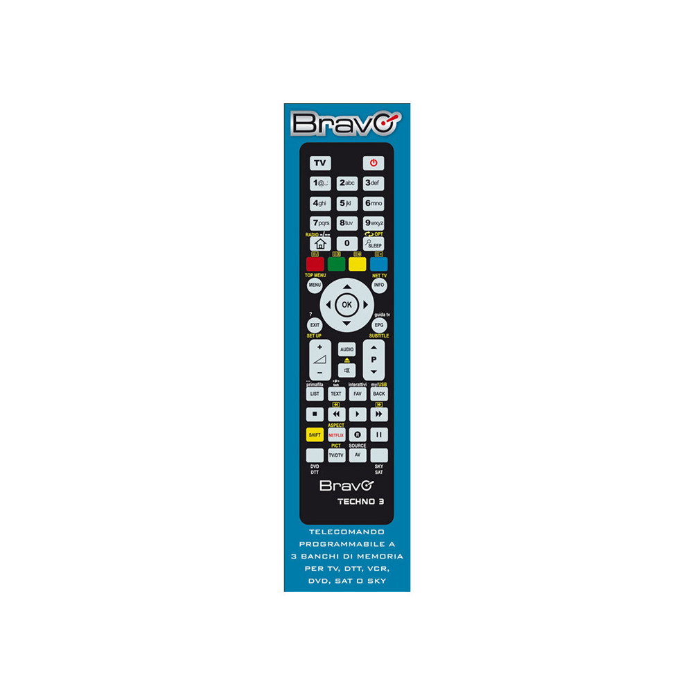 BRAVO TECHNO 3 (92602666) - TELECOMANDO PROGRAMMABILE A 3 BANCHI DI MEMORIA PER TV / VCR / DVD PLAYER / DTT / SKY